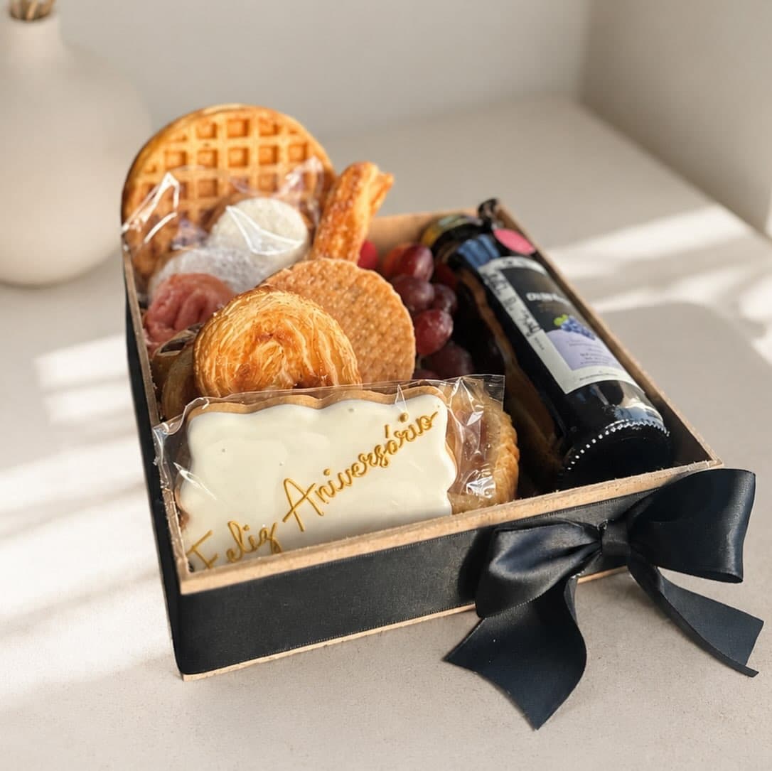 Box preto de aniversário com waffles, doces, uvas e biscoito 'Feliz Aniversário'.