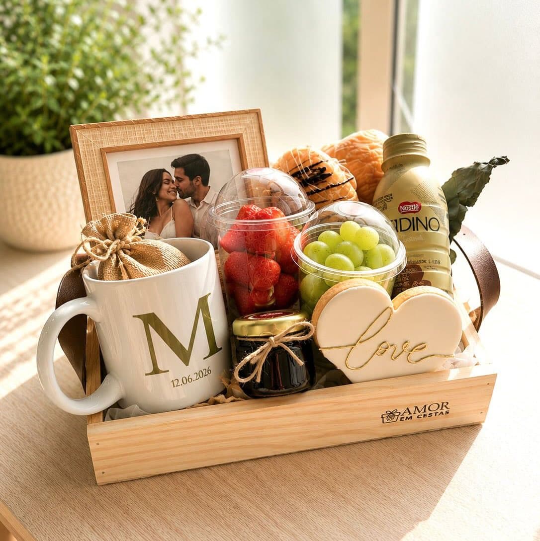 Box do casal com foto emoldurada, caneca personalizada 'M', frutas e biscoito 'love'.