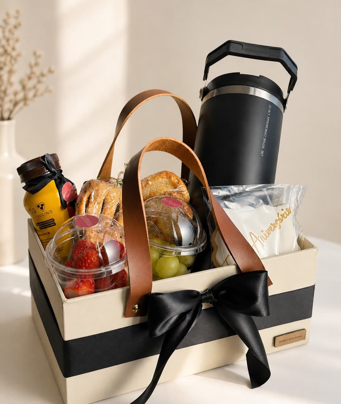 Cesta bege com alça de couro, copo térmico preto personalizado, frutas e pães.