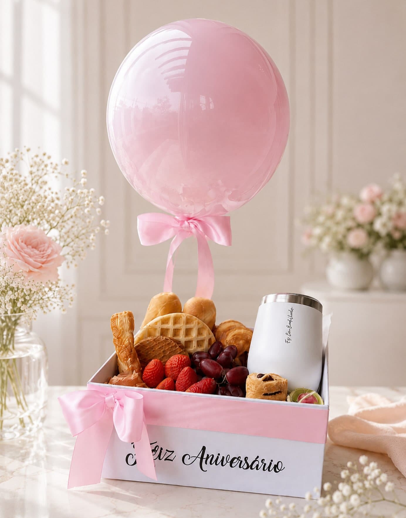 Box rosa de aniversário com balão, waffles, frutas e copo personalizado.